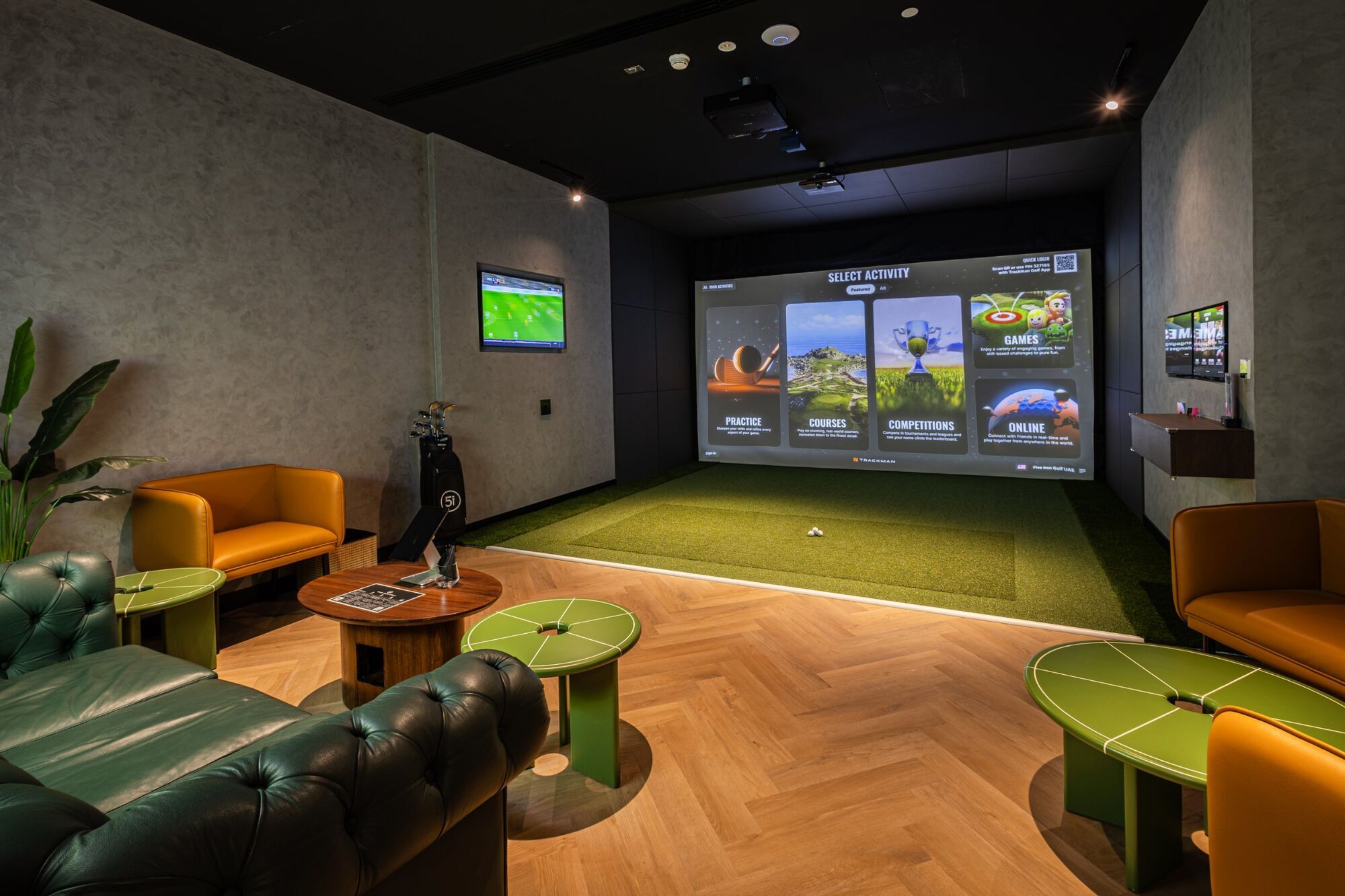Private simulator suite at Five Iron Golf Business Bay, Dubai