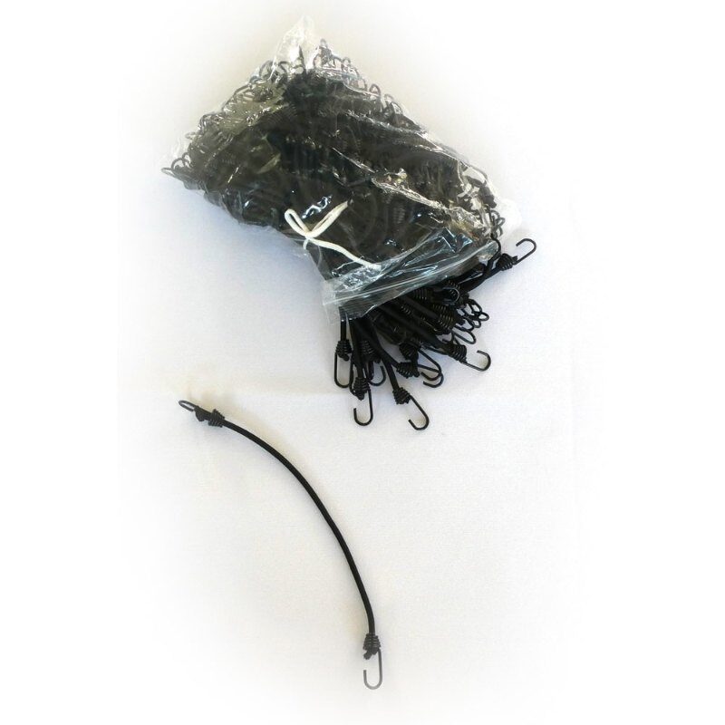 Black bungee cords for tensioning a hitting screen