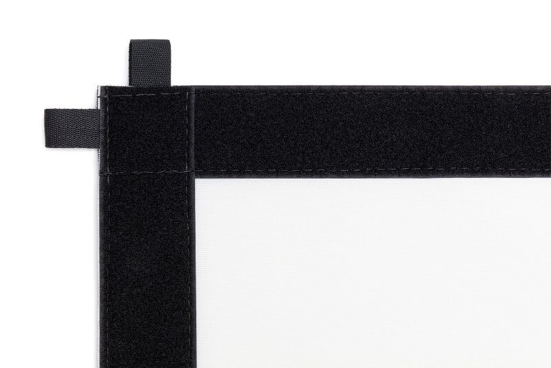 Corner of an impact hitting screen with black border and fastening tabs