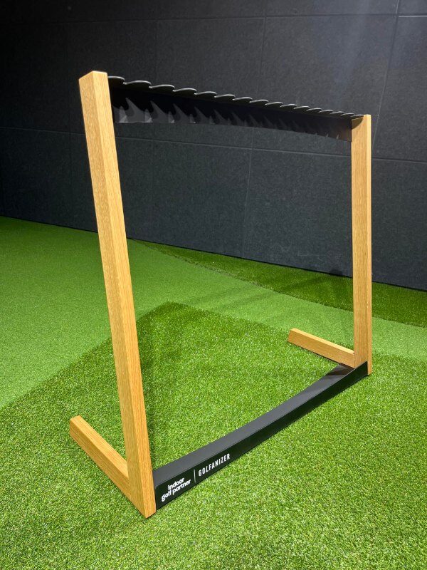 Oak and black Golfanizer club rack on turf
